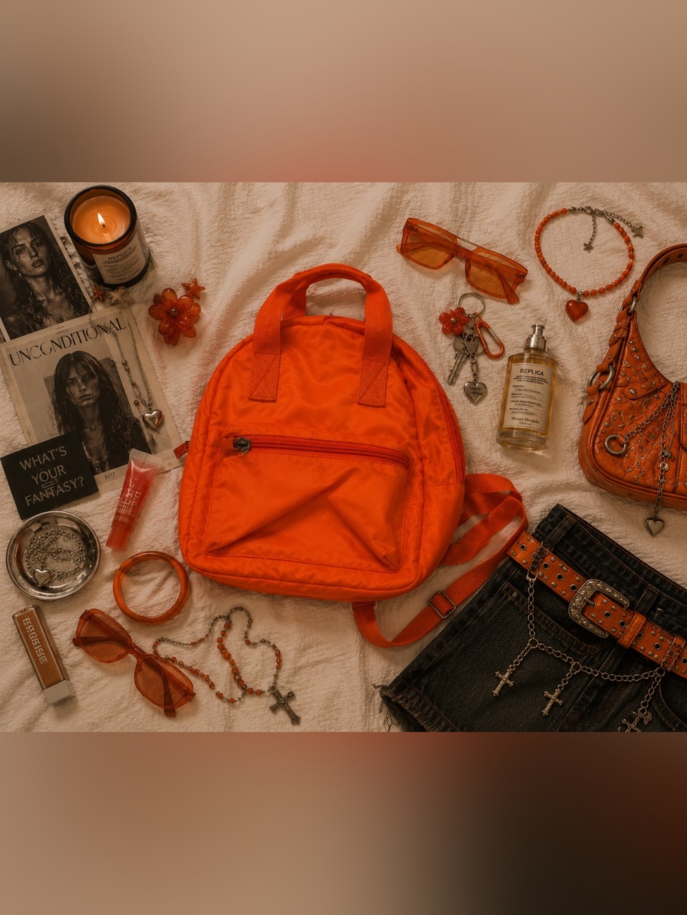 Men's Compact Orange Mini Backpack with Front Zip Pocket